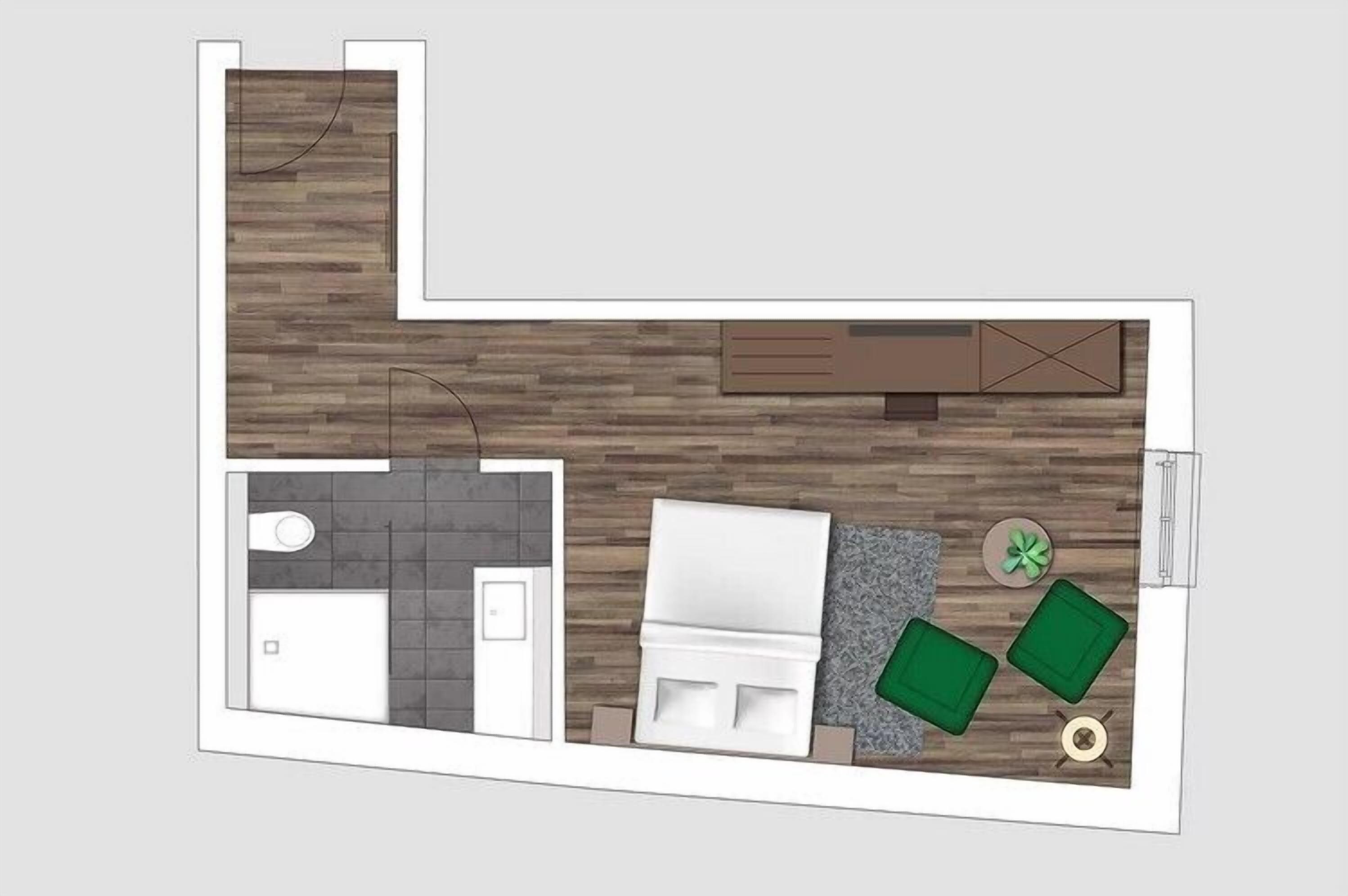 Plano de un cuarto de hotel que incluye un baño, una cama, una zona de estar con dos sillones verdes y una mesita.