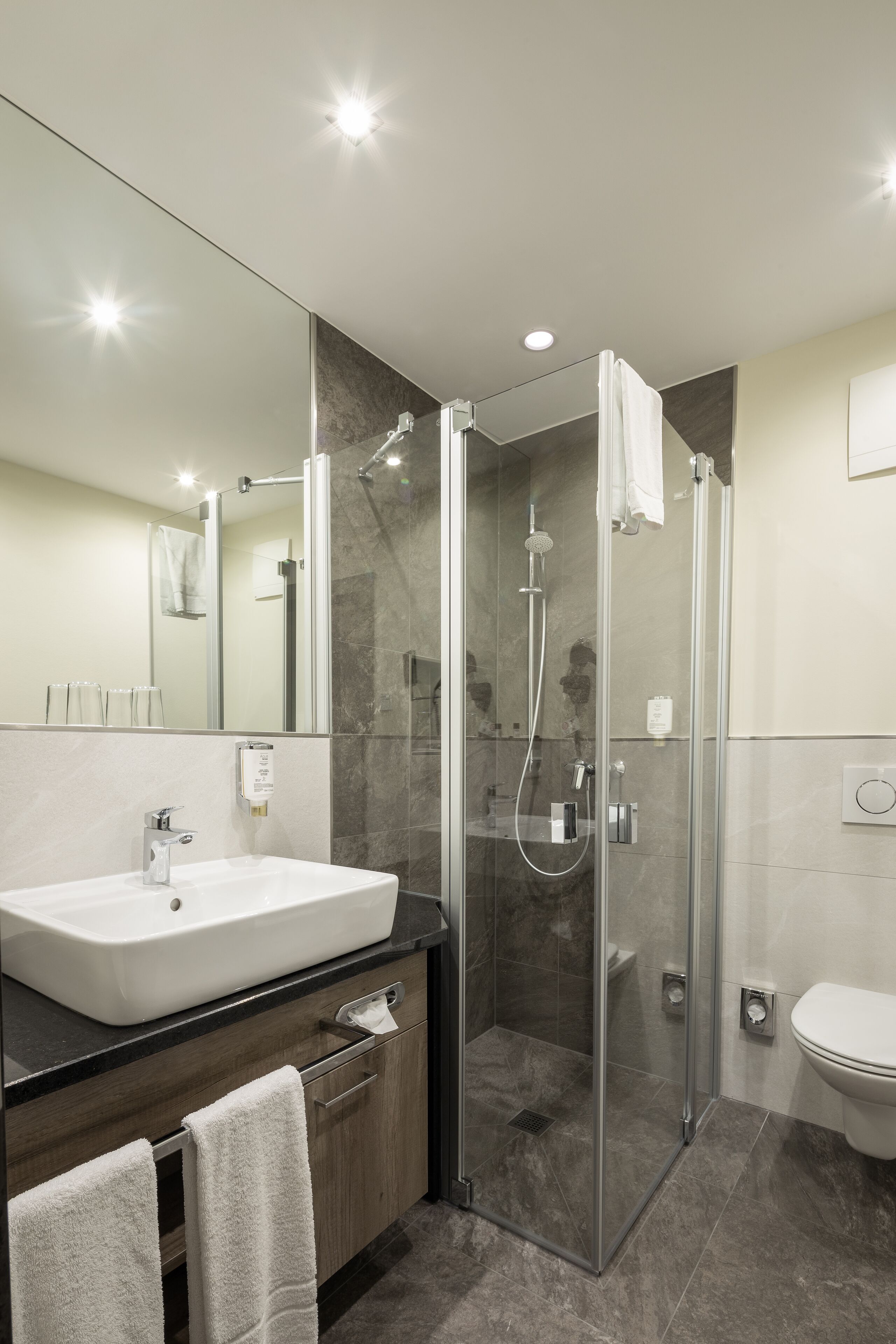 Een moderne badkamer met een douchecabine van glas, een wit wastafelmeubel en een toilet.