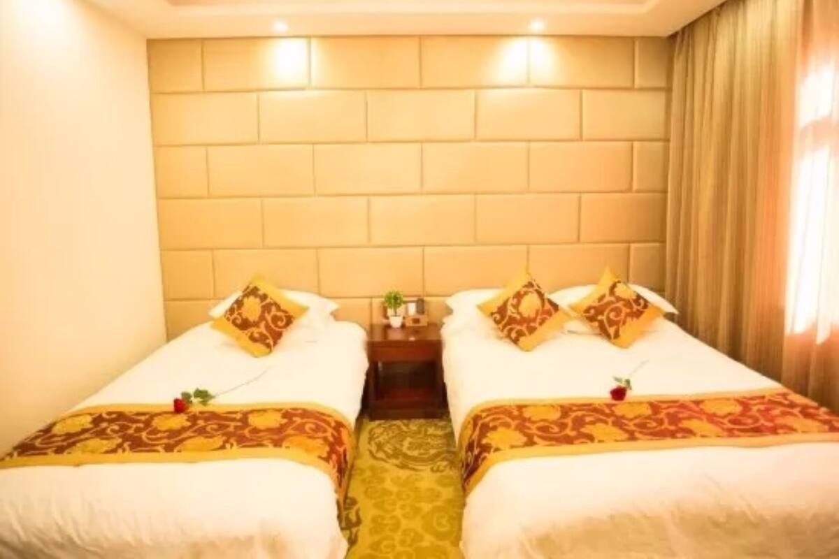 Habitación de hotel con dos camas, cada una con una colcha estampada y almohadas a juego. Entre las camas hay una mesita de noche con una pequeña planta encima. La habitación tiene una pared de ladrillo color beige y un candelabro en el techo.