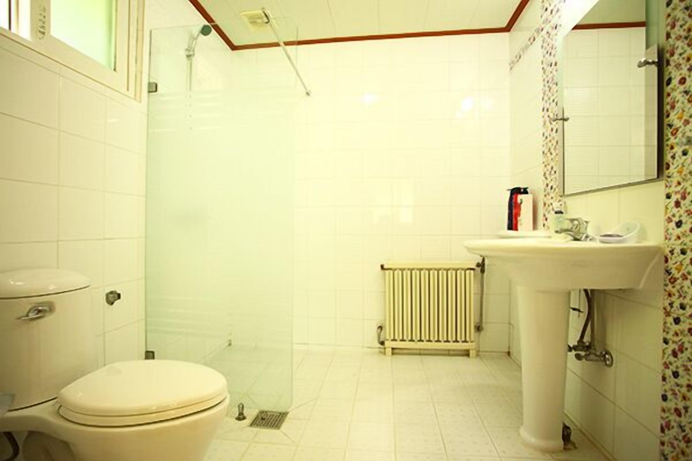 A bathroom with a toilet, a shower, a sink, and a radiator.