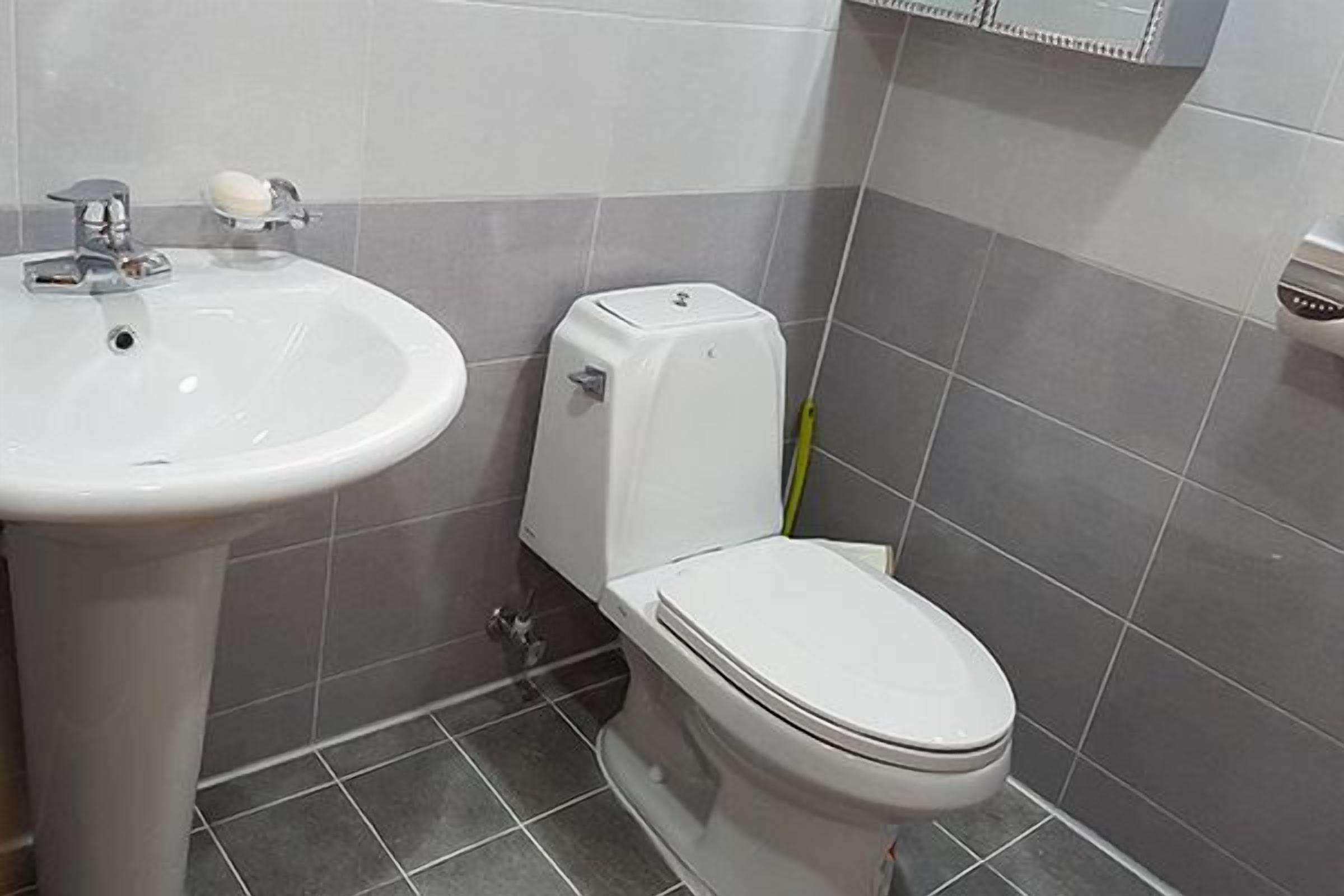 Un baño con lavamanos y retrete blancos, baldosas grises y una herramienta de limpieza verde.