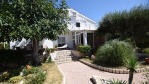 Une maison blanche avec une allée pavée, un bateau et diverses plantes en pot.