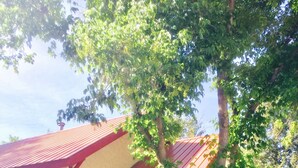 Una casa de planta baixa amb teulada vermella, un porxo i una escala que condueix a l'entrada.