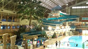 Een overdekt waterpark met een groot zwembad, glijbanen en een tropisch gebied met palmbomen en een constructie met rieten dak.