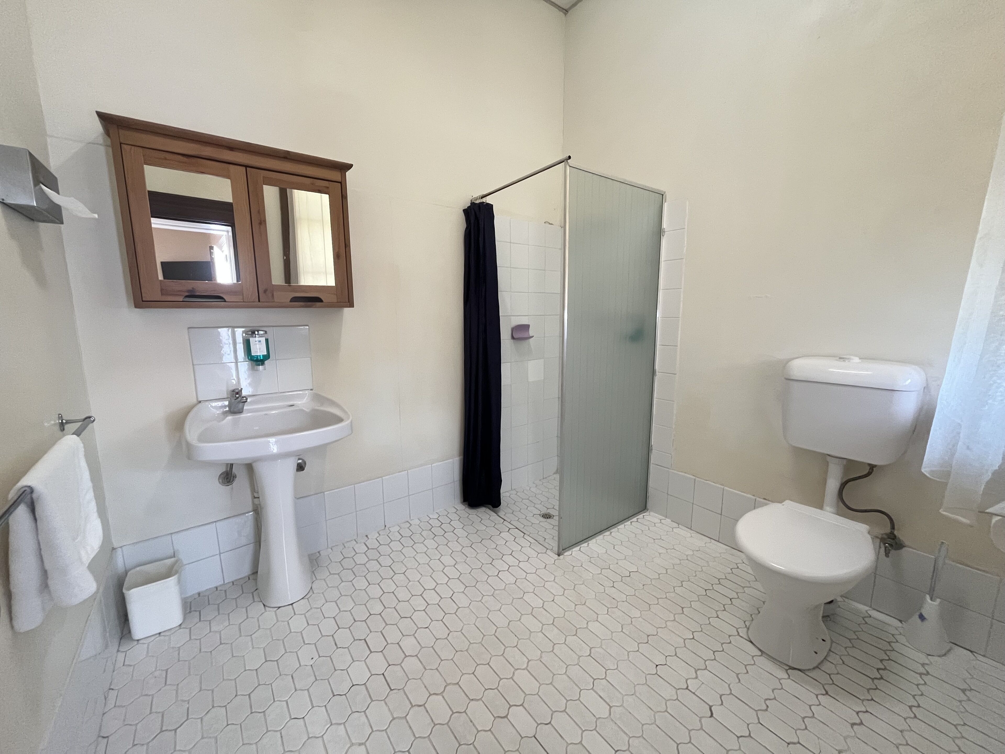 A bathroom with a white sink, toilet, and shower area.