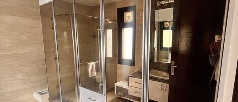A modern bathroom with a glass-enclosed walk-in shower, a vanity with a mirror, and a toilet.