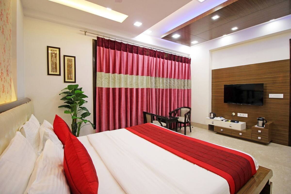 Une chambre d’hôtel moderne avec un grand lit, une télévision, un bureau et une plante.