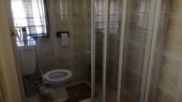 A bathroom with a toilet, a glass shower enclosure, and a towel rack.