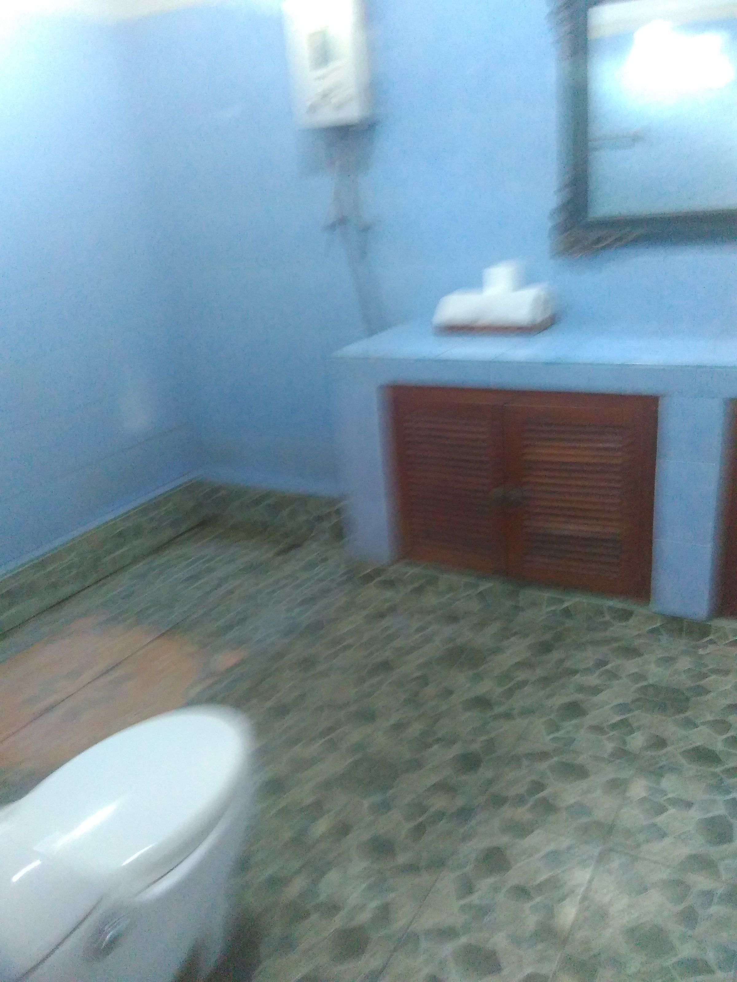 A bathroom with a toilet, a sink, and a mirror on the wall.