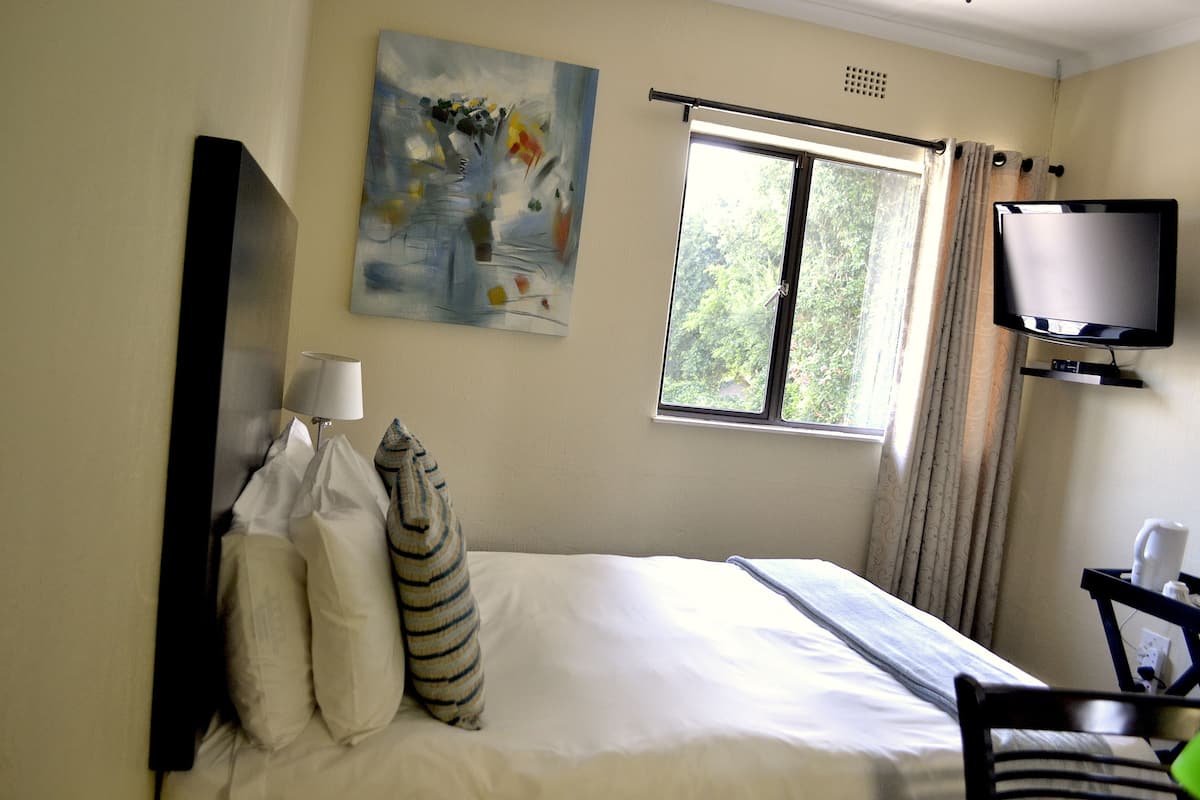 Une chambre d’hôtel avec un lit, une télévision, une fenêtre avec des rideaux, un tableau au mur et une table de chevet avec une lampe.
