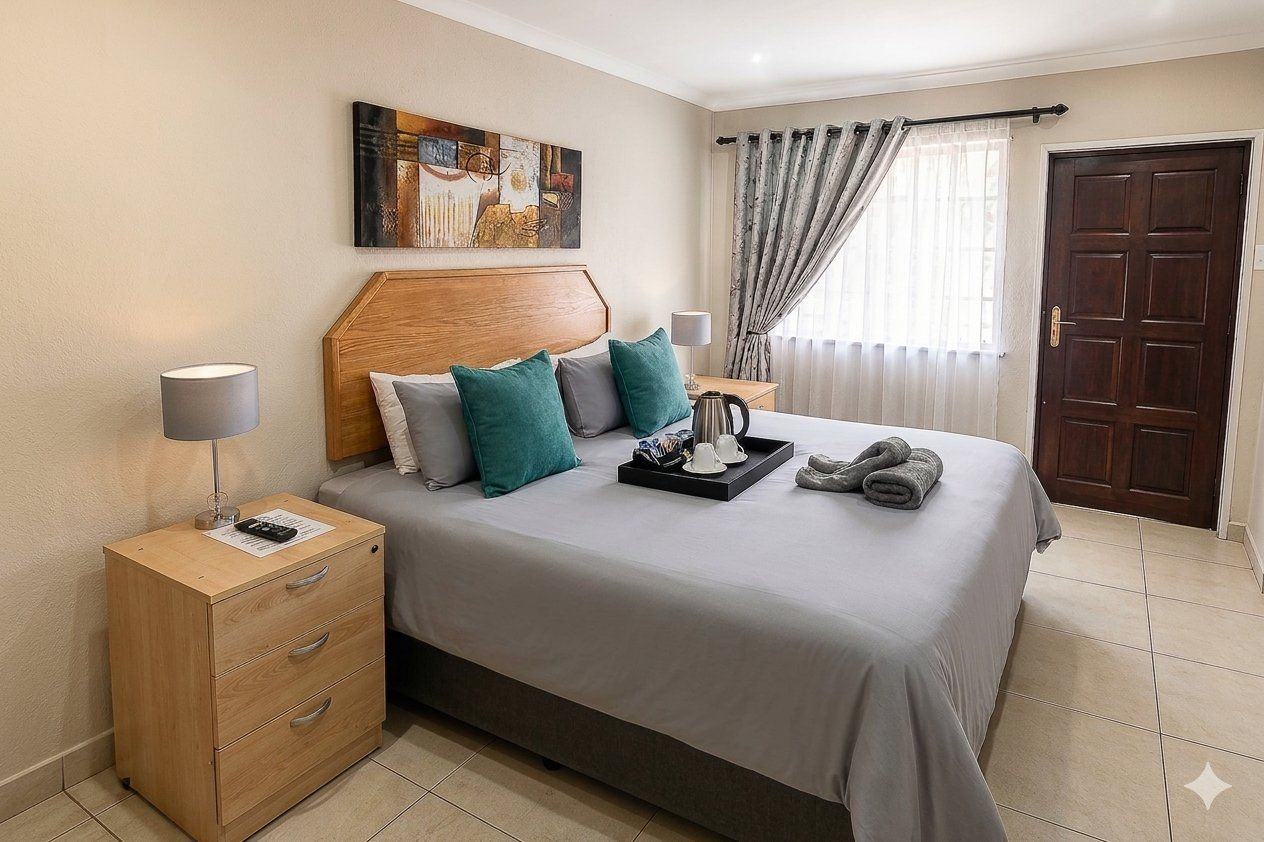 Quarto de hotel com uma cama, mesa de cabeceira, abajur, bandeja com toalhas e uma porta.