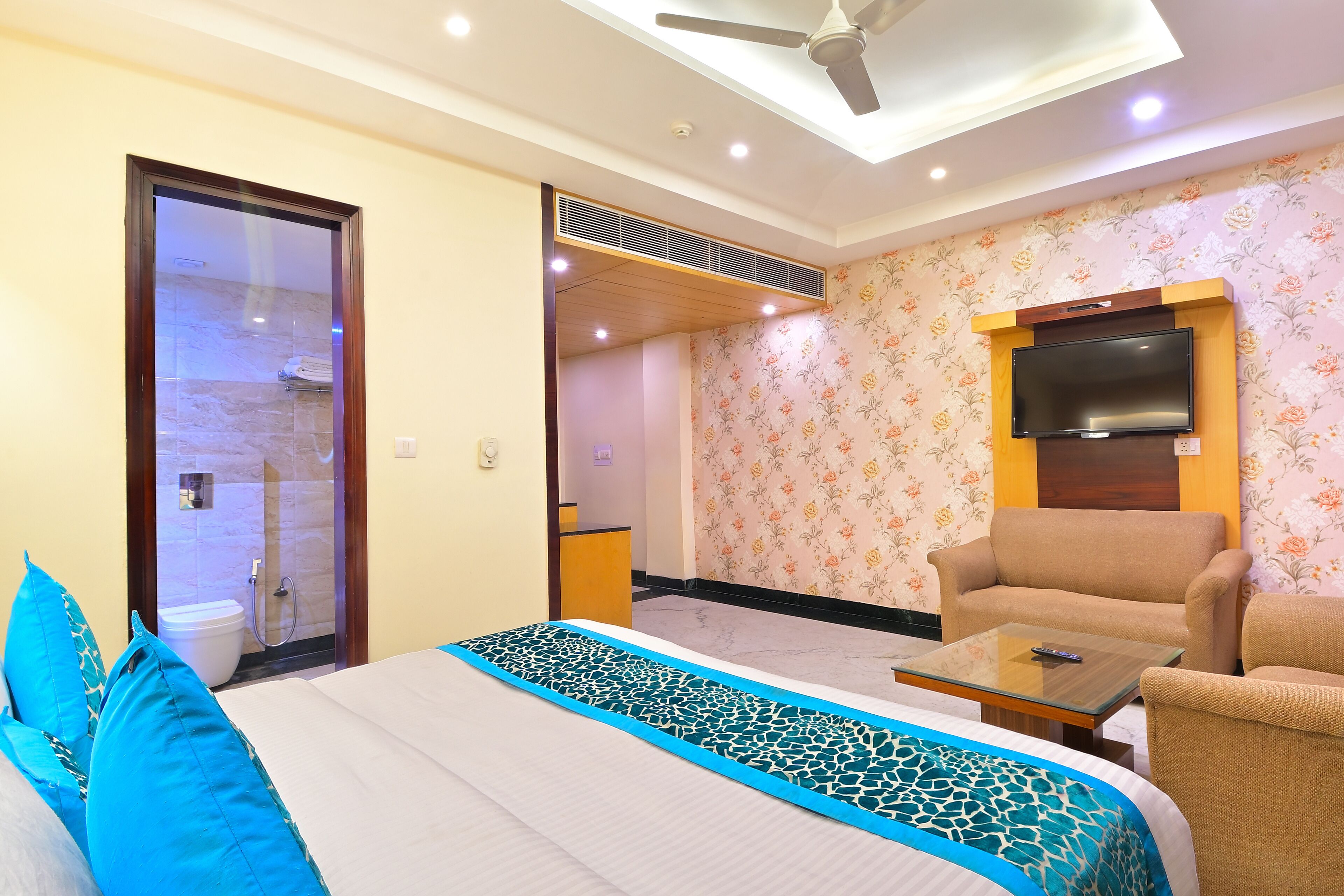 A hotel room with a bed, a sofa, a TV, a ceiling fan, and a shower area.