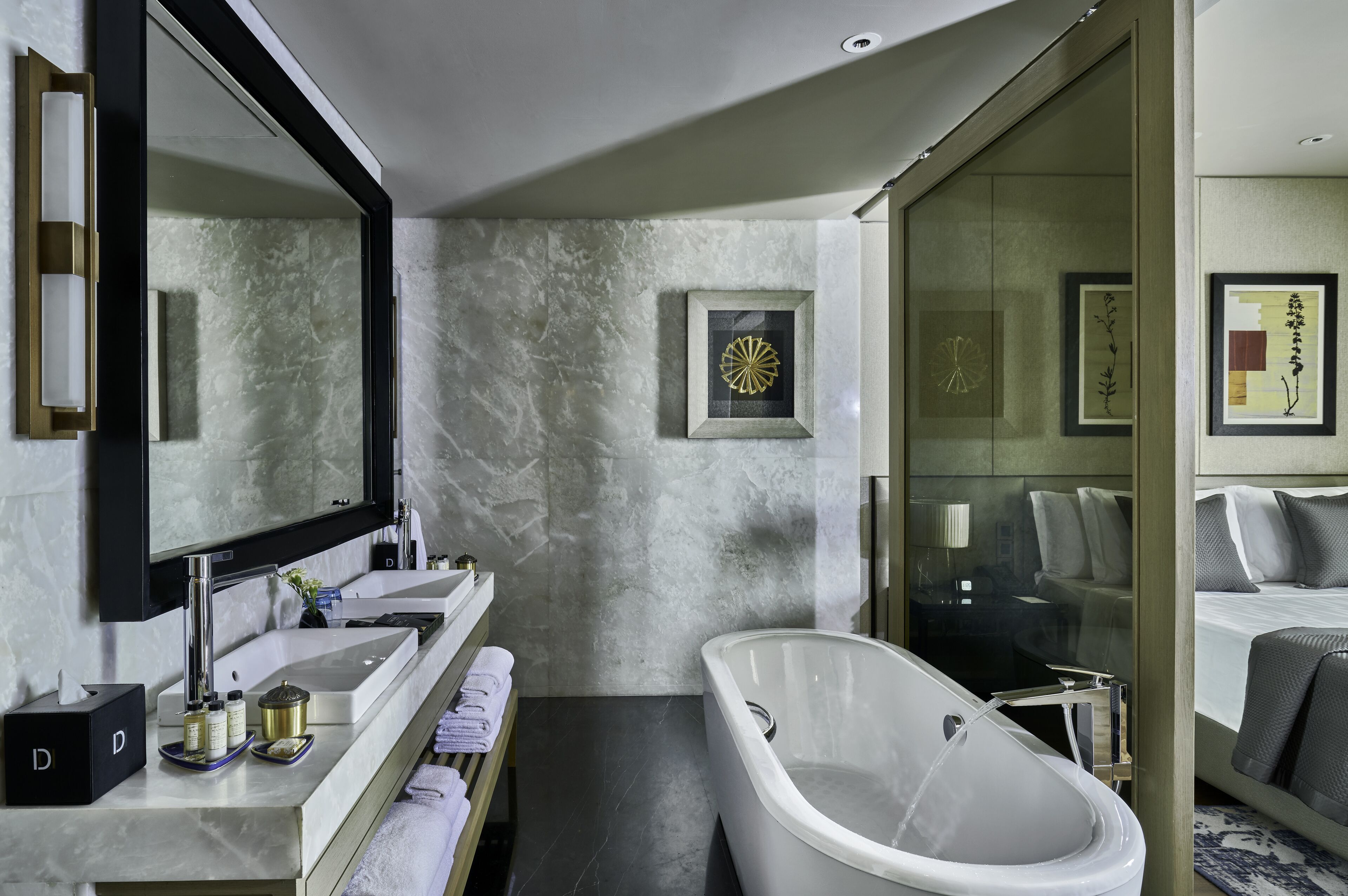 separate bathtub and shower, deep-soaking bathtub, rainfall showerhead