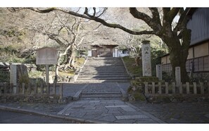 Un escalier en pierre menant à une porte d’entrée traditionnelle japonaise, entourée d’arbres et d’un mur de pierre.