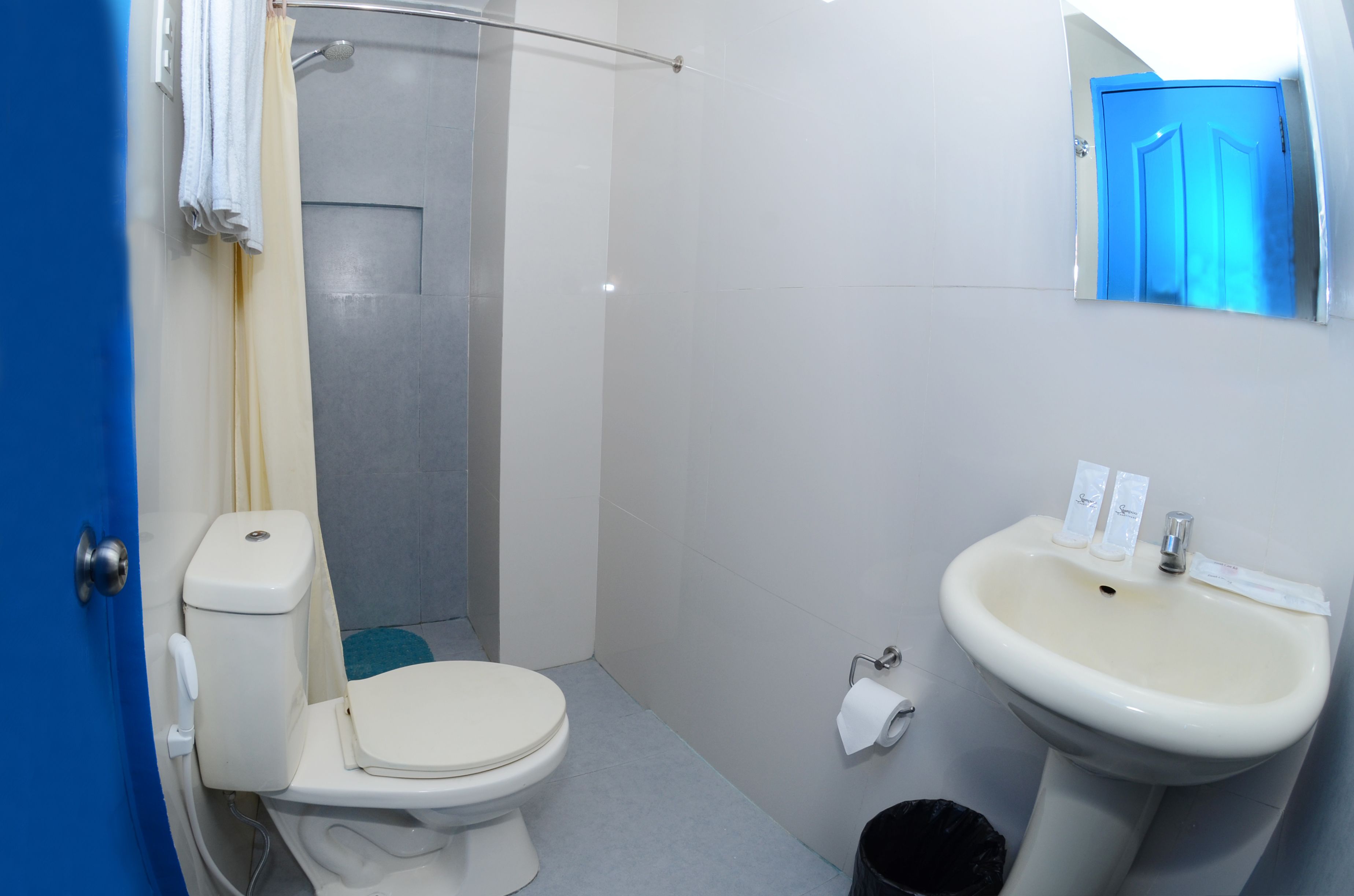 A bathroom with a toilet, sink, and shower.