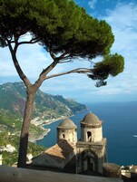A coastal view with a prominent tree and two domed buildings, likely a historical site.