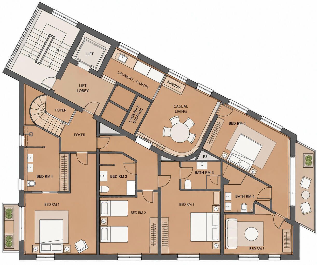 Plano de planta que muestra varias habitaciones, una sala de estar, un vestíbulo, un acceso por ascensor, un minibar y un espacio de convivencia informal.