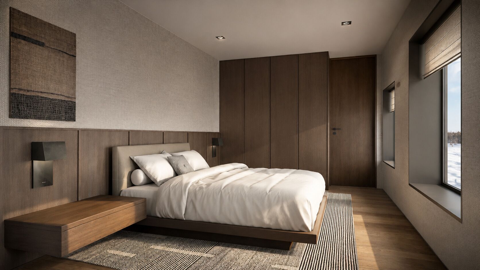 Ein modernes Schlafzimmer mit Bett, integrierten Stauraumlösungen, einem großen Fenster und einer strukturierten Wand.