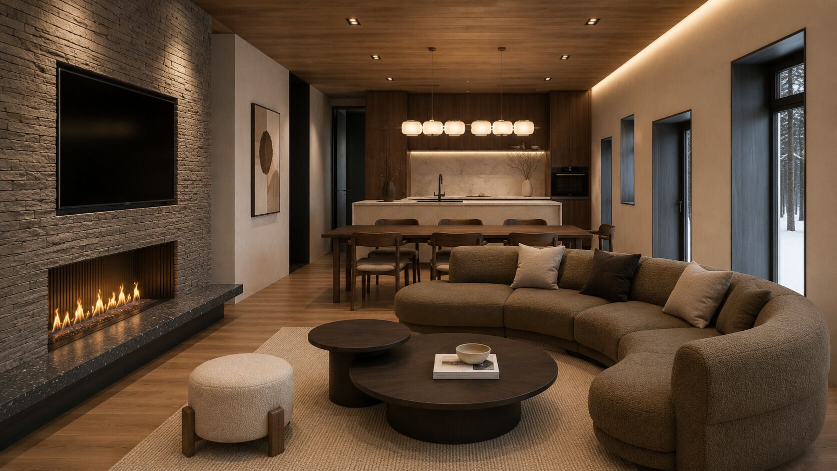 A modern living room with a fireplace, a sectional sofa, a dining area, and a kitchen in the background.