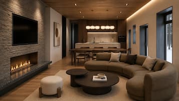A modern living room with a fireplace, a sectional sofa, a dining area, and a kitchen in the background.