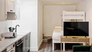 A compact hotel room with a kitchenette, a bunk bed, a TV, and a green chair. - Reef Lodge (Newquay)
