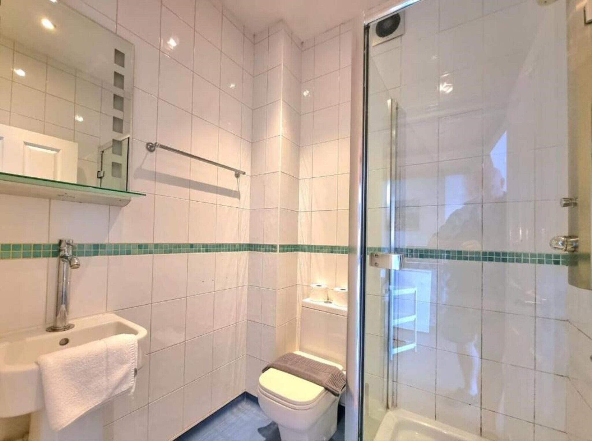 A modern bathroom with a glass shower enclosure, a white sink, and a toilet.