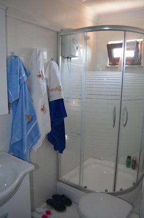 Habitación con 1 cama matrimonial o 2 individuales | Baño | Regadera, amenidades de baño gratuitas, secadora de cabello, pantuflas