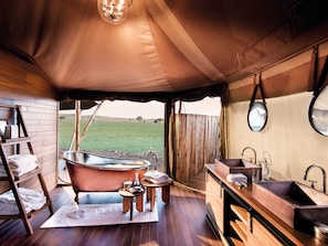 Luxury Tent (Family) | Bathroom | Separate tub and shower, deep soaking tub, rainfall showerhead