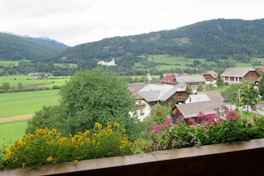 A rural village with traditional houses, a prominent castle, and lush green fields. - Bauernhof Trinkergut (Unternberg)