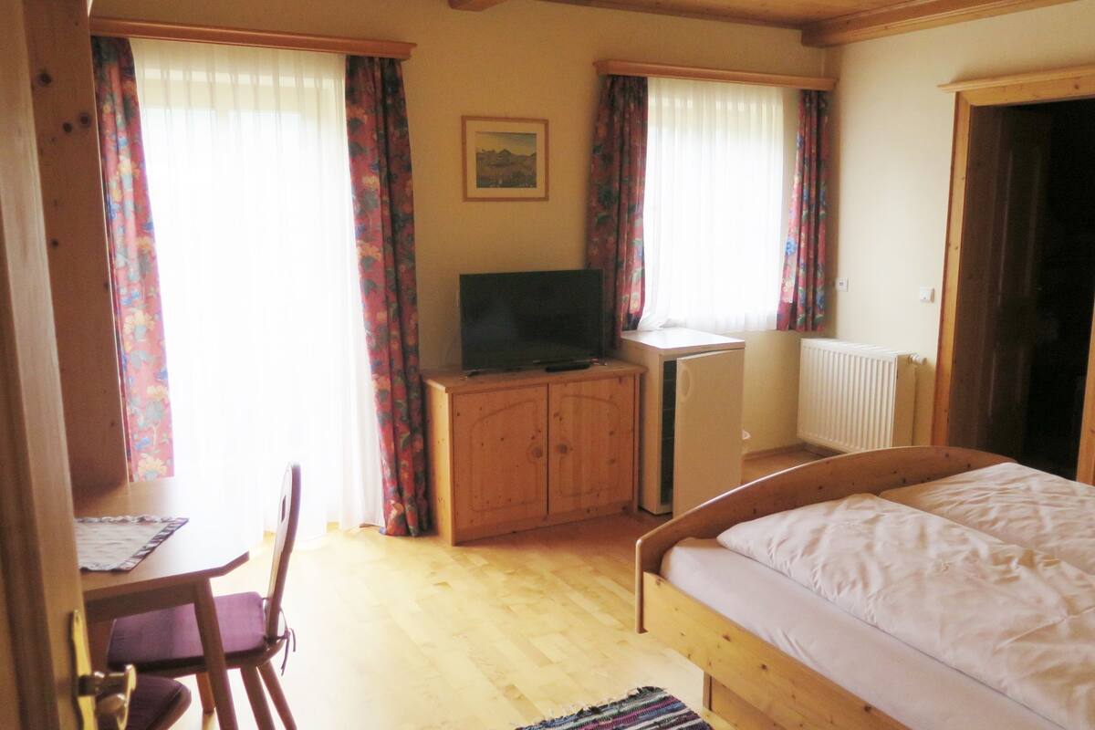 Ein Schlafzimmer mit einem Bett, einem Schreibtisch mit Stuhl, einem Fernseher und einer Heizung.