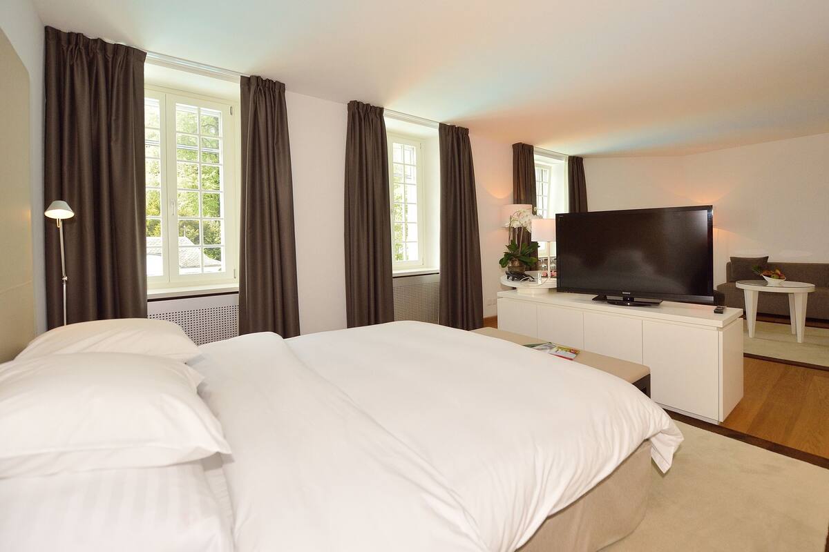 Habitación de hotel con una cama grande, un televisor de pantalla plana, un sofá y una mesita.