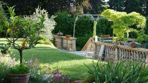 A garden with a stone bridge, potted plants, and a metal pergola. - White Lilac romantic B&B adults only (Arona)