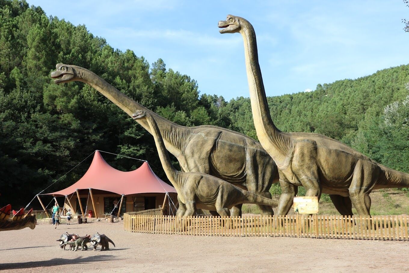 Une exposition sur les dinosaures comprenant deux grands modèles et un espace délimité par une clôture.