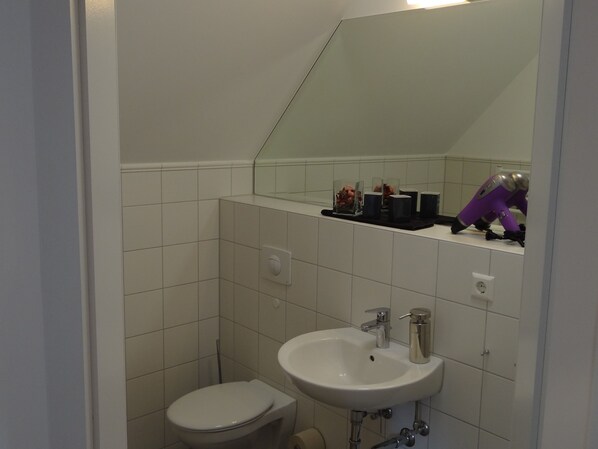 Une petite salle de bain avec des toilettes, un lavabo et un miroir. Un sèche-cheveux est posé sur le comptoir.