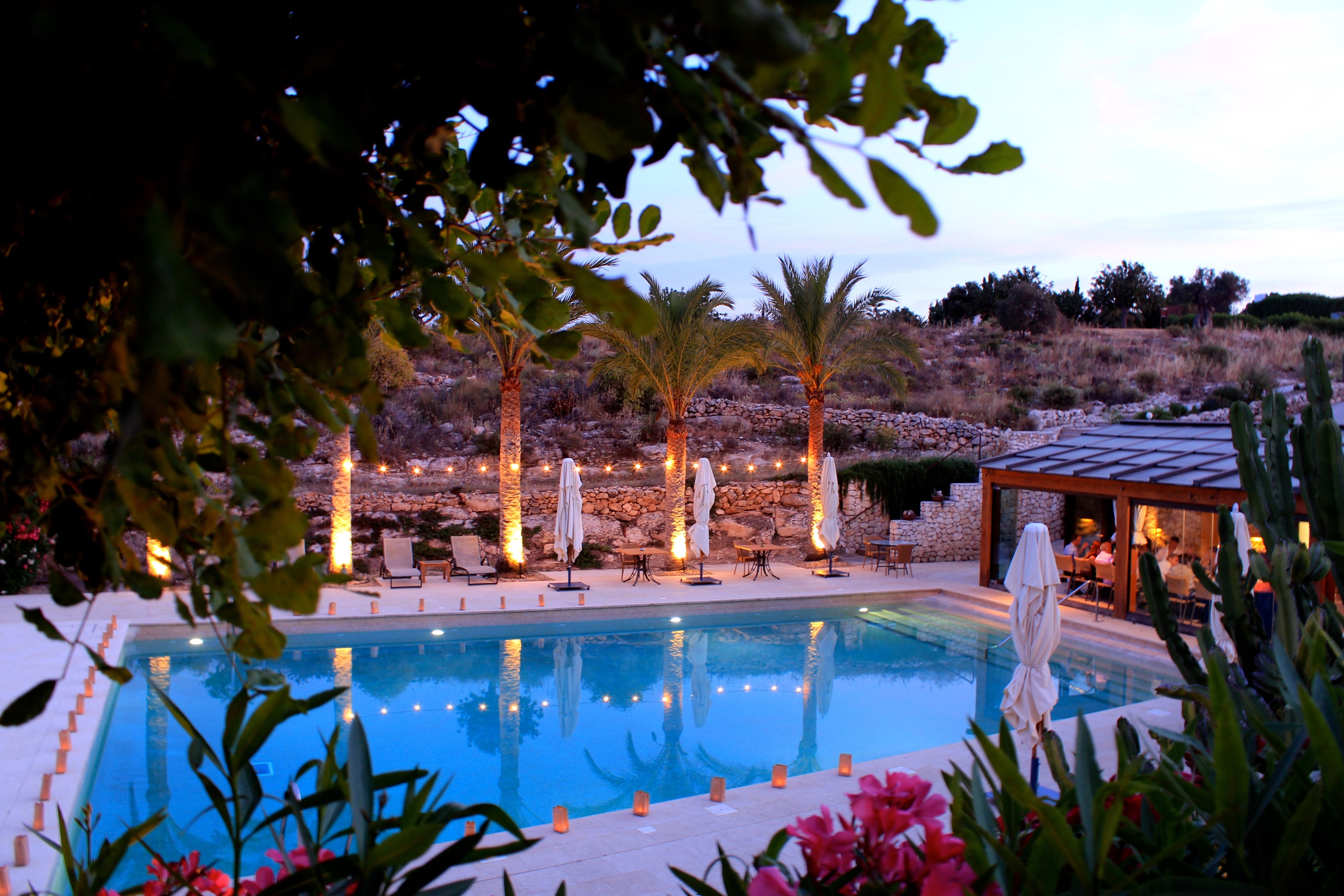 A pool area with lounge chairs, umbrellas, and a stone wall in the background.