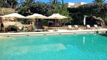 Outdoor pool, pool umbrellas, pool loungers