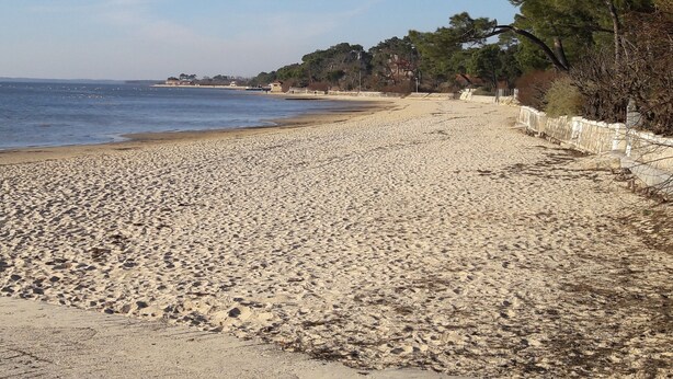 A sandy beach with a stone wall and trees on one side. - Villa Glen-tara (Lanton)