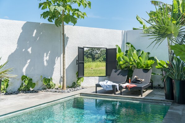 A poolside area with a view through a window, a lounge chair, and potted plants. - Villa Ruku-Ruku (Kerobokan)