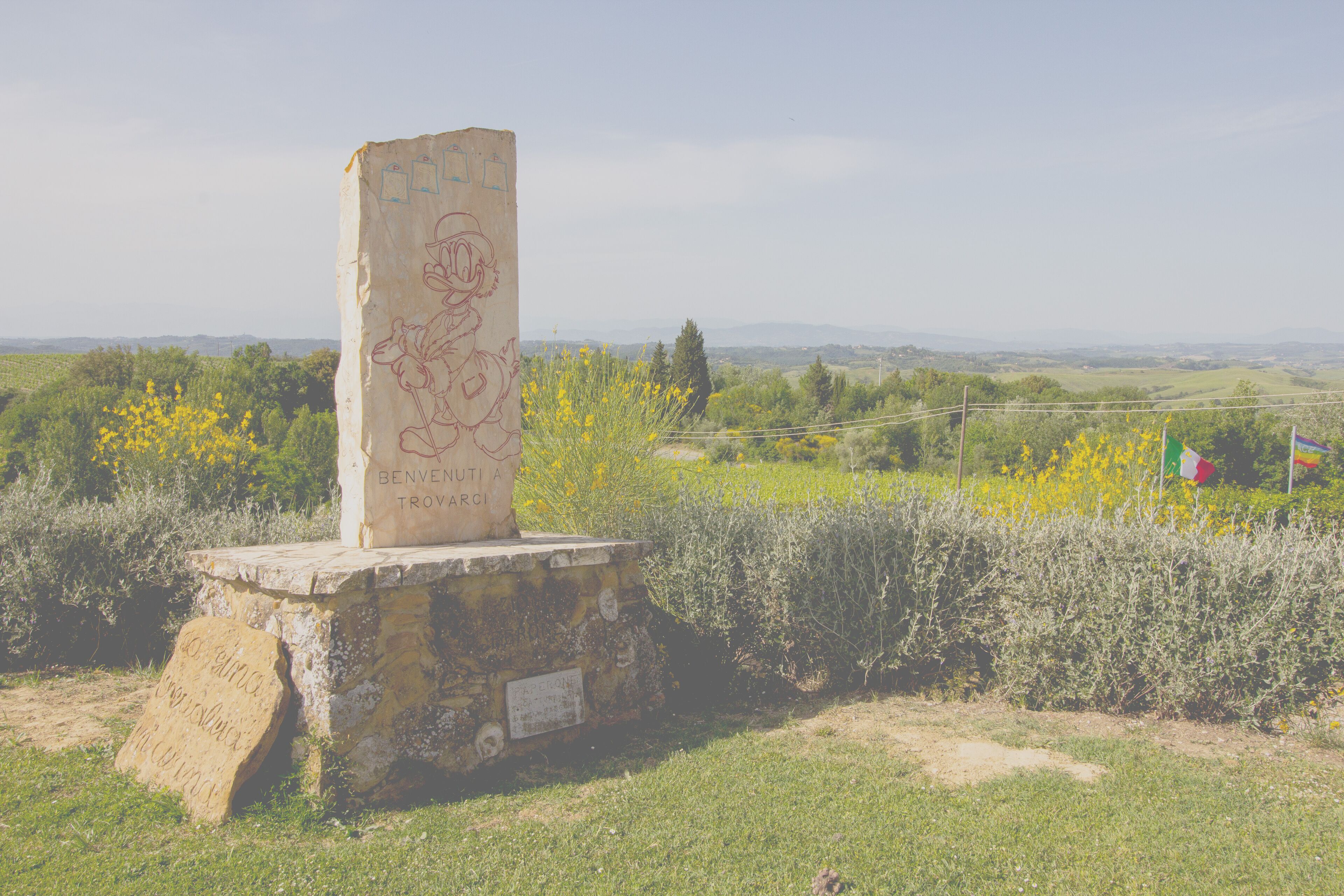 A stone monument with inscriptions and drawings, surrounded by greenery and a clear sky.