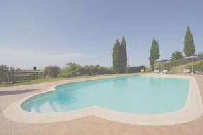 Una piscina al aire libre, sombrillas, tumbonas