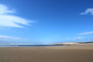 On the beach, sun-loungers