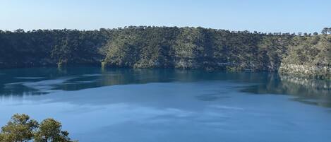 A serene lake with a wooden fence in the foreground, surrounded by lush greenery and hills in the background.