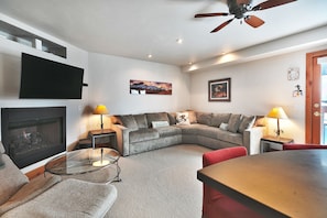 Smart TV, fireplace, DVD player, books