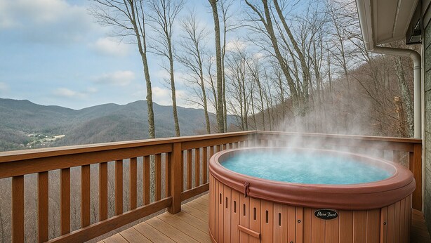 Un bain à remous sur une terrasse en bois, avec vue sur les montagnes et les arbres.