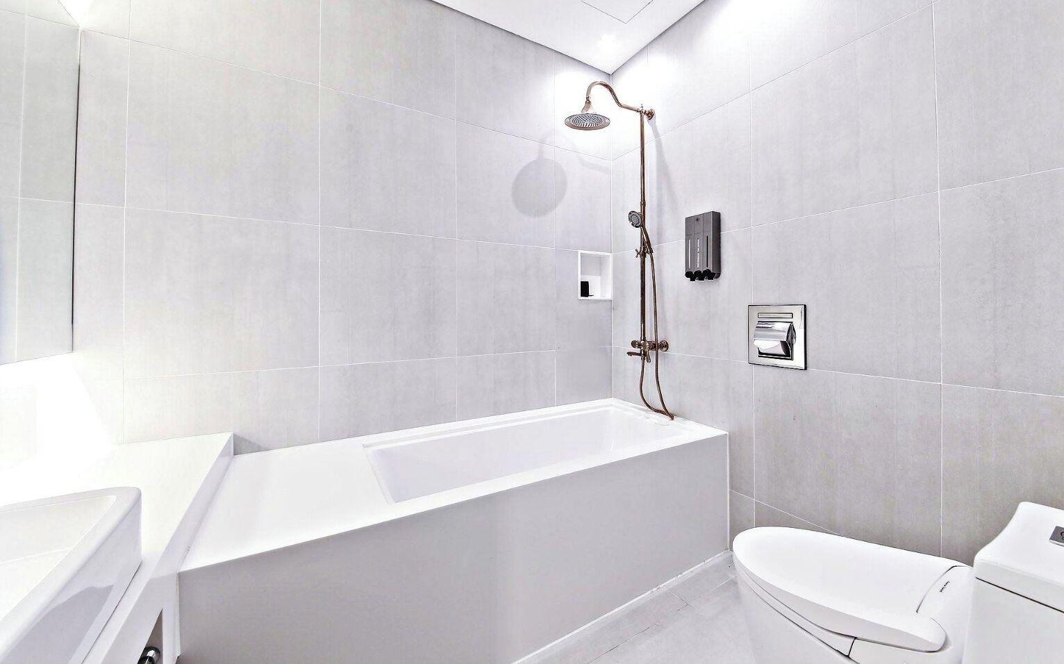 Un baño moderno con una bañera blanca grande, una zona de ducha separada y un inodoro.