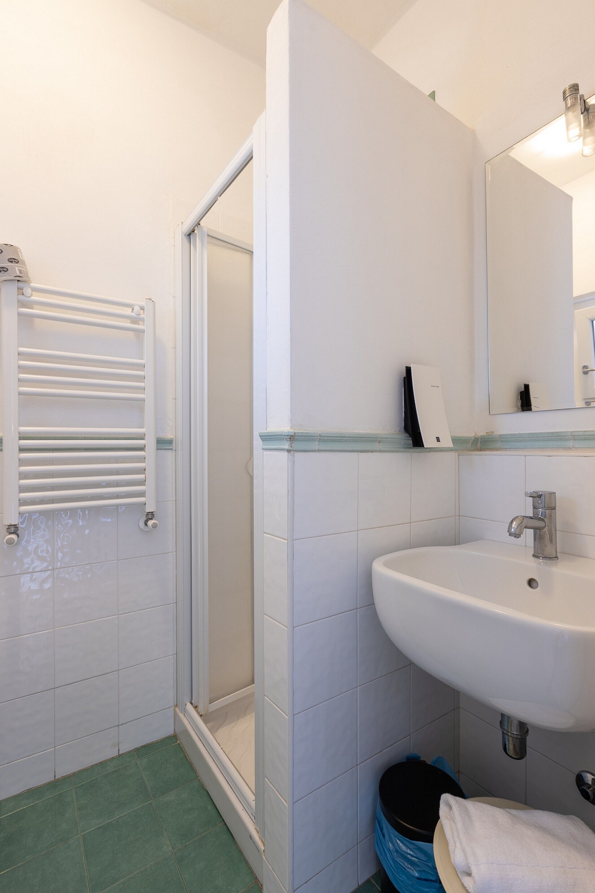 Un baño con un lavamanos blanco, cabina de ducha de vidrio y un perchero para toallas.