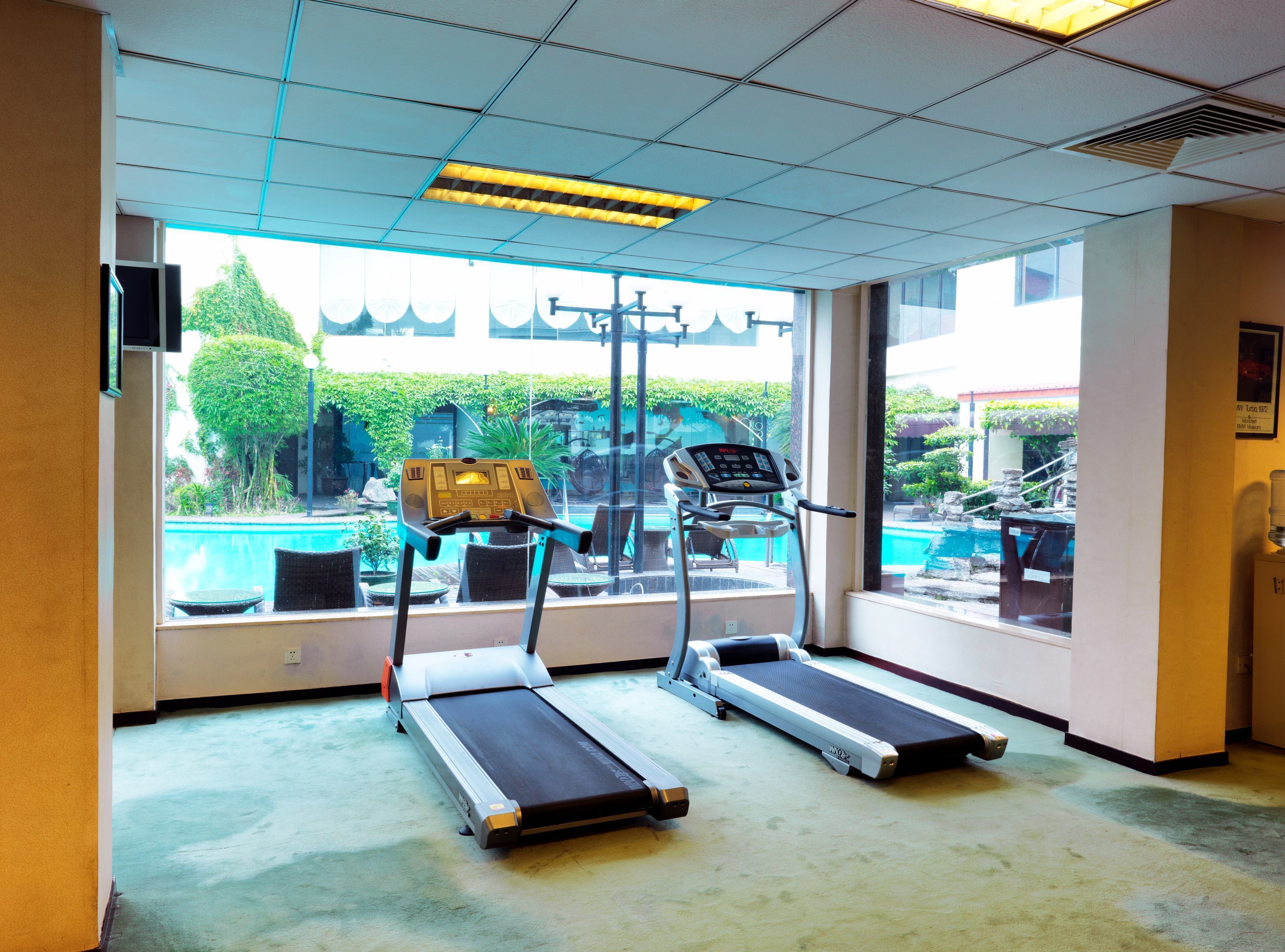 Un gimnasio con dos cintas de correr y un ventanal con vista a una zona de piscina.