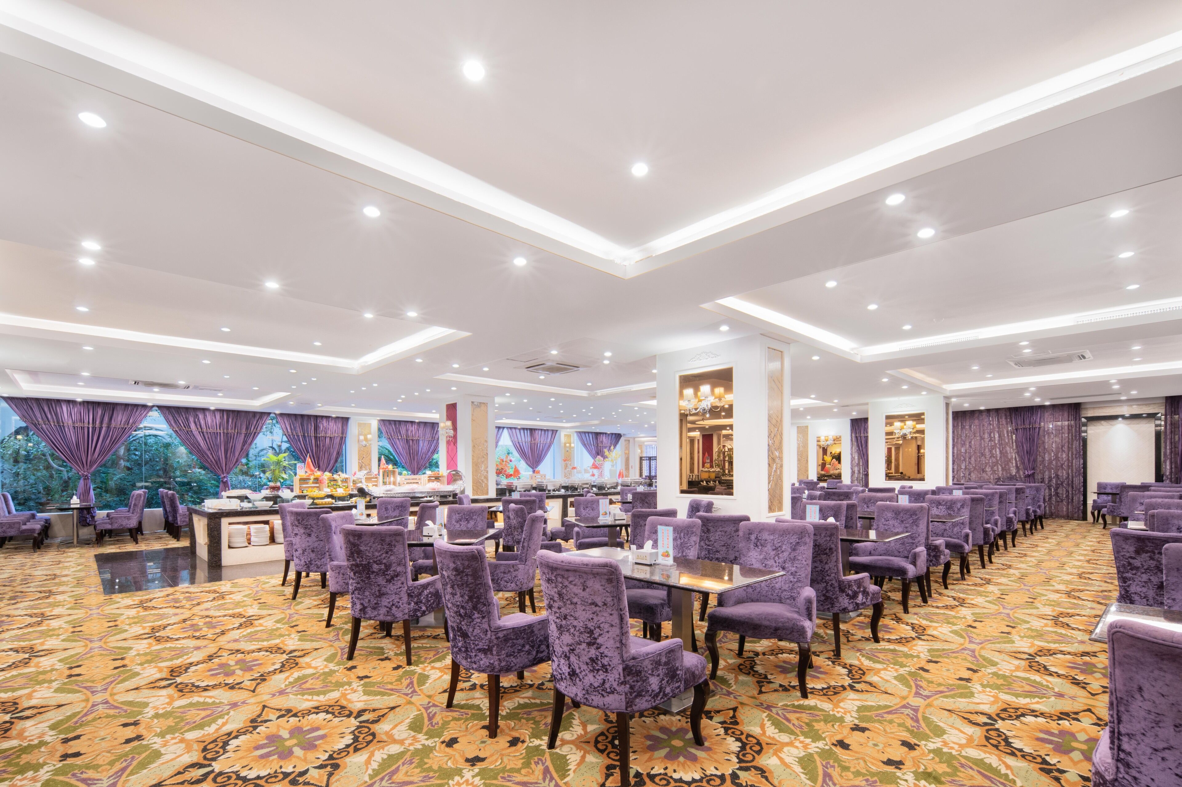 A hotel conference room with purple chairs, a patterned carpet, and a large window with curtains.