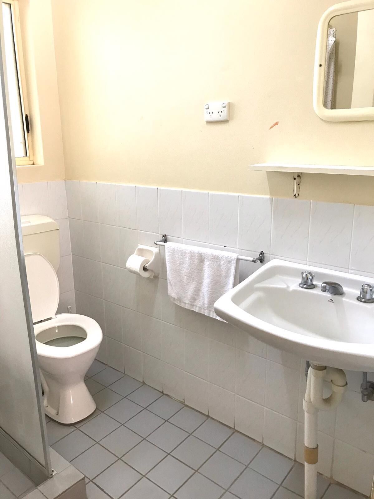 Un baño con inodoro, lavabo y espejo.