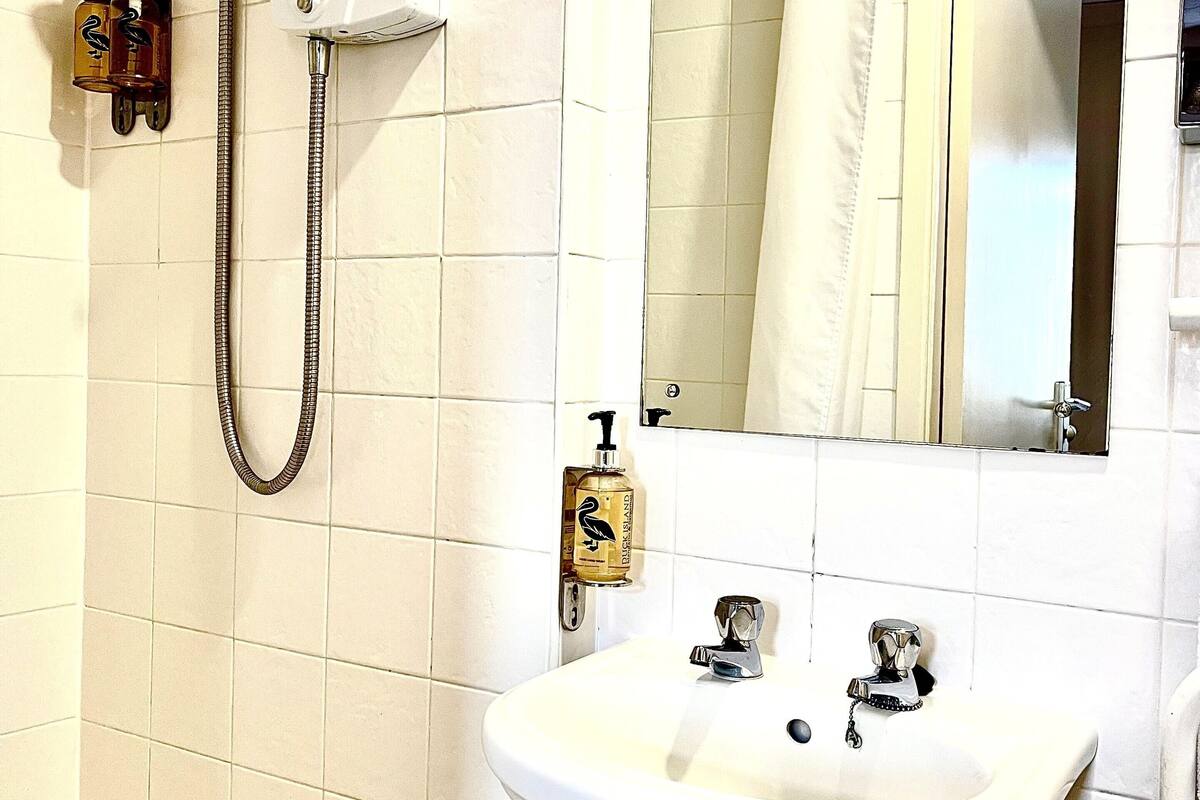 A bathroom with a white sink, a mirror, a shower head, and a towel rack.